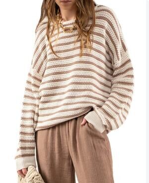 VICI Striped Long Sleeve Scoop Neck Crochet Knit Pullover Sweater Brown White L
